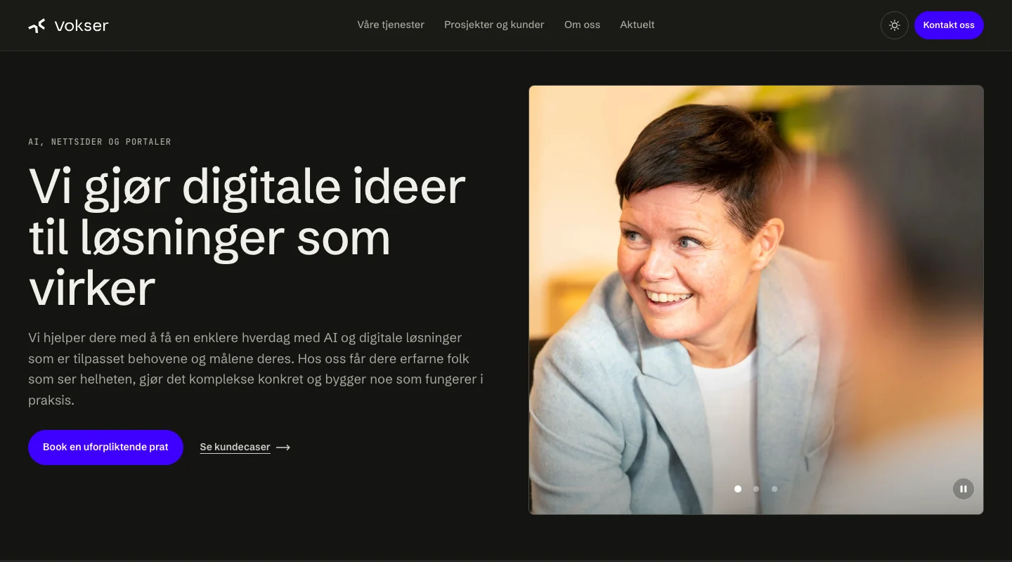 Front page of the new Vokser website in the prototype