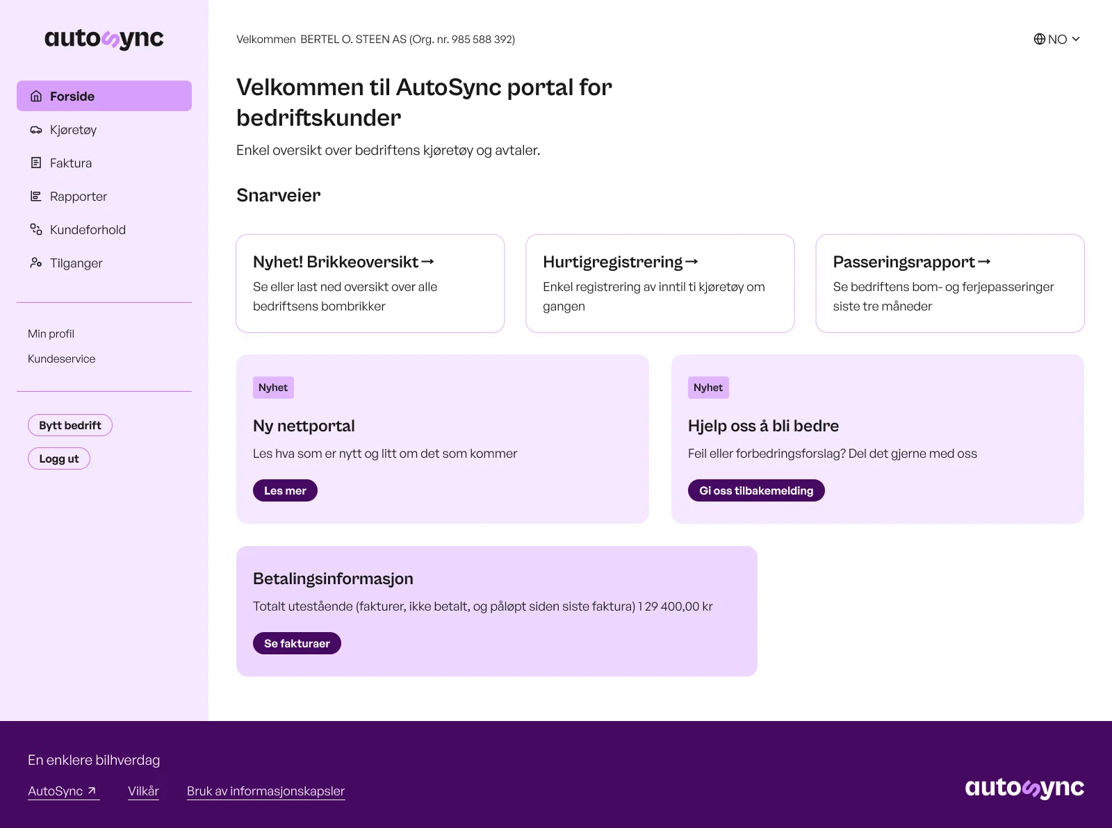 AutoSync business portal dashboard with shortcuts for vehicles, agreements and invoices