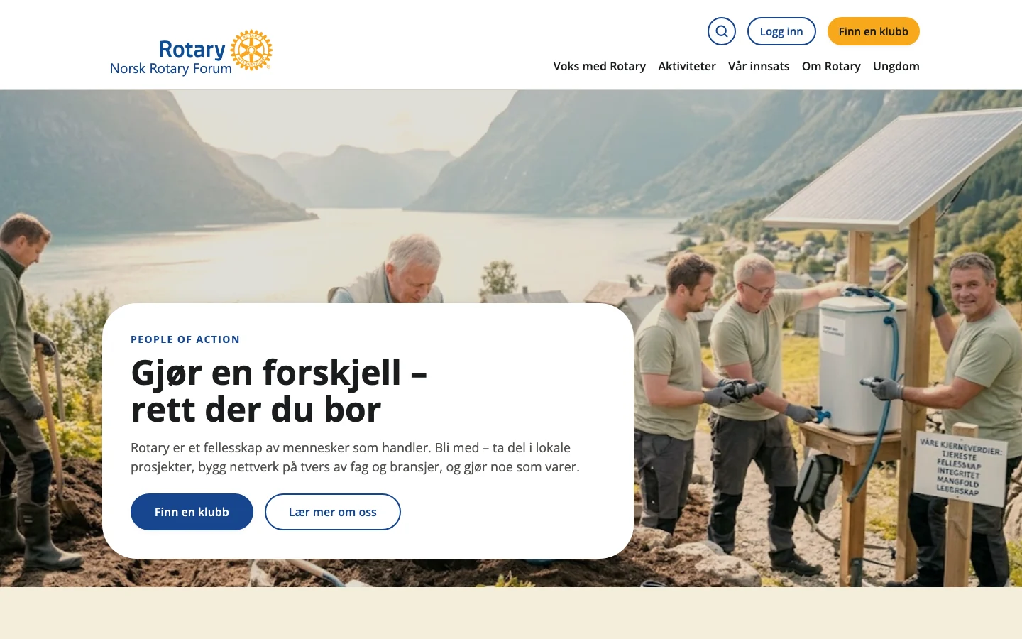 Rotary Norway homepage with navigation, community-focused hero and find-a-club action