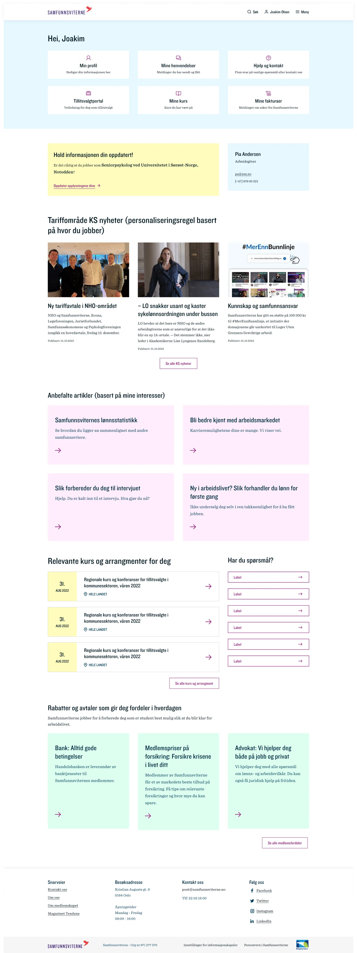Samfunnsviterne member dashboard with shortcuts to profile, enquiries, courses and invoices